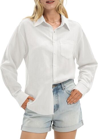 Women's Linen Shirts Casual Button Down Linen Tops for Women Long Sleeve Loose Fit for Summer Beach Vacation in Saudi Arabia