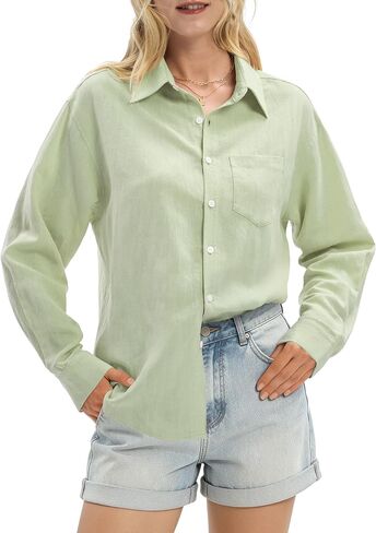 Women's Linen Shirts Casual Button Down Linen Tops for Women Long Sleeve Loose Fit for Summer Beach Vacation in Saudi Arabia