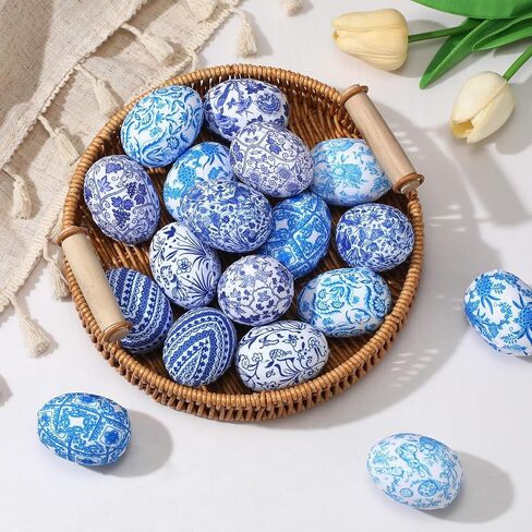 18 Pcs Chinoiserie Fabric Eggs Blue and White Floral Easter Egg Ornaments 2.36 Inch Blue and White Chinoiserie Decor for Easter Basket Fillers Spring Home Party Decor in Saudi Arabia