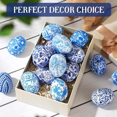18 Pcs Chinoiserie Fabric Eggs Blue and White Floral Easter Egg Ornaments 2.36 Inch Blue and White Chinoiserie Decor for Easter Basket Fillers Spring Home Party Decor in Saudi Arabia