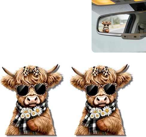 2Pack Highland Cow Car Mirror Decal - Cute Moo-tivational Rear View Mirror Sticker,Waterproof Vinyl Car Decals,Cows Car Accessories Decor,Highland Cow Lovers Gifts for Women Men in Saudi Arabia