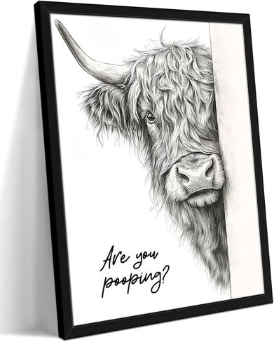 Funny Highland Cow Bathroom Wall Art, Black and White Modern Farmhouse Wall Decor Painting, Rustic Cute Cow Are You Pooping Animal Canvas Prints Pictures for Restroom Bathroom 12x16 Inch Framed in Saudi Arabia