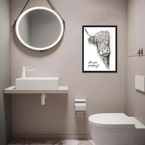 Funny Highland Cow Bathroom Wall Art, Black and White Modern Farmhouse Wall Decor Painting, Rustic Cute Cow Are You Pooping Animal Canvas Prints Pictures for Restroom Bathroom 12x16 Inch Framed in Saudi Arabia