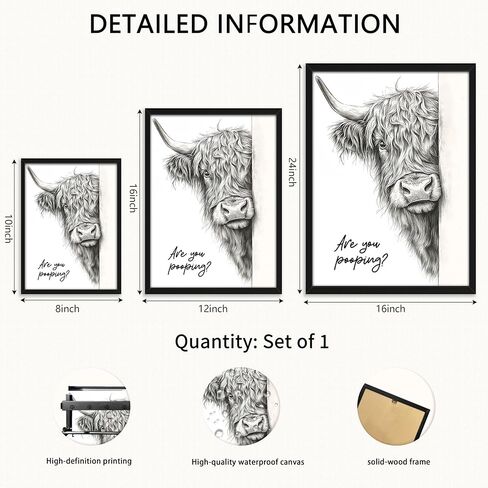 Funny Highland Cow Bathroom Wall Art, Black and White Modern Farmhouse Wall Decor Painting, Rustic Cute Cow Are You Pooping Animal Canvas Prints Pictures for Restroom Bathroom 12x16 Inch Framed in Saudi Arabia