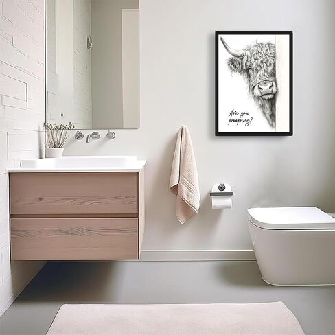 Funny Highland Cow Bathroom Wall Art, Black and White Modern Farmhouse Wall Decor Painting, Rustic Cute Cow Are You Pooping Animal Canvas Prints Pictures for Restroom Bathroom 12x16 Inch Framed in Saudi Arabia