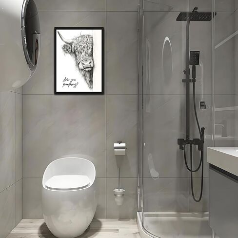 Funny Highland Cow Bathroom Wall Art, Black and White Modern Farmhouse Wall Decor Painting, Rustic Cute Cow Are You Pooping Animal Canvas Prints Pictures for Restroom Bathroom 12x16 Inch Framed in Saudi Arabia