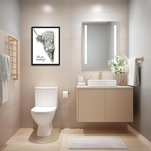 Funny Highland Cow Bathroom Wall Art, Black and White Modern Farmhouse Wall Decor Painting, Rustic Cute Cow Are You Pooping Animal Canvas Prints Pictures for Restroom Bathroom 12x16 Inch Framed in Saudi Arabia