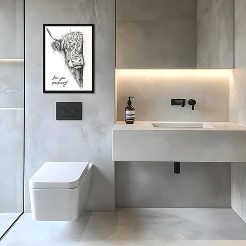 Funny Highland Cow Bathroom Wall Art, Black and White Modern Farmhouse Wall Decor Painting, Rustic Cute Cow Are You Pooping Animal Canvas Prints Pictures for Restroom Bathroom 12x16 Inch Framed in Saudi Arabia