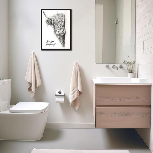 Funny Highland Cow Bathroom Wall Art, Black and White Modern Farmhouse Wall Decor Painting, Rustic Cute Cow Are You Pooping Animal Canvas Prints Pictures for Restroom Bathroom 12x16 Inch Framed in Saudi Arabia