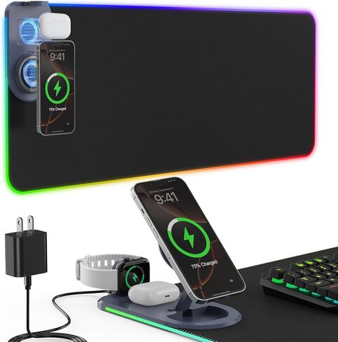 لوحة ماوس شحن لاسلكية 15 وات مع حامل هاتف ومحول طاقة 20 وات، لوحة ماوس ألعاب RGB، وضع 15 مصباحًا مقاس 31.5 بوصة × 11.8 بوصة، وسادة مكتب كبيرة الحجم XXL، سطح فائق النعومة، قاعدة مطاطية مضادة للانزلاق in Kuwait