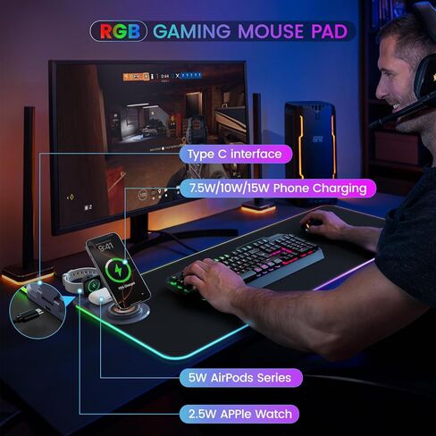 لوحة ماوس شحن لاسلكية 15 وات مع حامل هاتف ومحول طاقة 20 وات، لوحة ماوس ألعاب RGB، وضع 15 مصباحًا مقاس 31.5 بوصة × 11.8 بوصة، وسادة مكتب كبيرة الحجم XXL، سطح فائق النعومة، قاعدة مطاطية مضادة للانزلاق in Kuwait