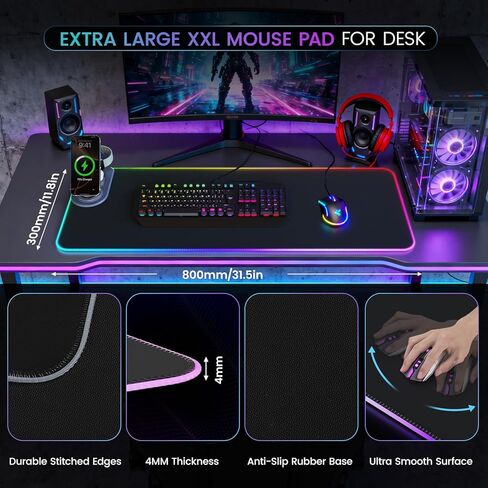 لوحة ماوس شحن لاسلكية 15 وات مع حامل هاتف ومحول طاقة 20 وات، لوحة ماوس ألعاب RGB، وضع 15 مصباحًا مقاس 31.5 بوصة × 11.8 بوصة، وسادة مكتب كبيرة الحجم XXL، سطح فائق النعومة، قاعدة مطاطية مضادة للانزلاق in Kuwait