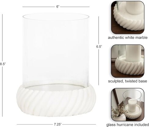 Kate and Laurel Trenza Modern Marble Candle Holder with Glass Cylinder, 8 x 8 x 9, White Marble, Transitional Twisted Base Pillar Candle Holder with Hurricane for Entryway or Living Room Decor in Saudi Arabia