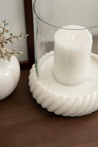 Kate and Laurel Trenza Modern Marble Candle Holder with Glass Cylinder, 8 x 8 x 9, White Marble, Transitional Twisted Base Pillar Candle Holder with Hurricane for Entryway or Living Room Decor in Saudi Arabia