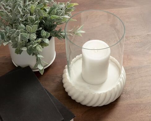 Kate and Laurel Trenza Modern Marble Candle Holder with Glass Cylinder, 8 x 8 x 9, White Marble, Transitional Twisted Base Pillar Candle Holder with Hurricane for Entryway or Living Room Decor in Saudi Arabia