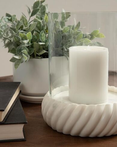 Kate and Laurel Trenza Modern Marble Candle Holder with Glass Cylinder, 8 x 8 x 9, White Marble, Transitional Twisted Base Pillar Candle Holder with Hurricane for Entryway or Living Room Decor in Saudi Arabia