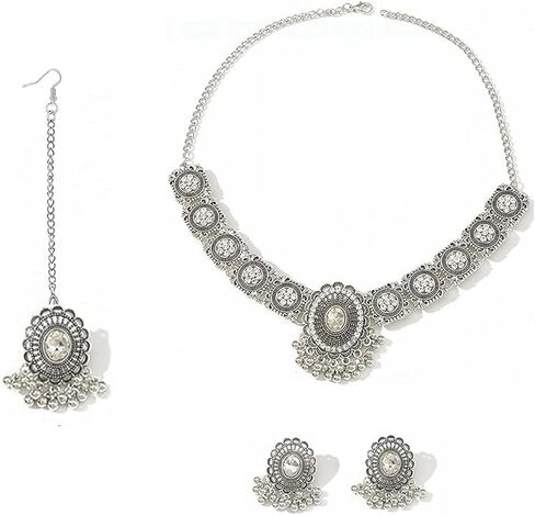 Indian Jewelry Sets for Women,Bollywood oxidized Choker Necklace,Forehead Jewelry,Dainty Wedding Jewelry Set,Maang Tikka Indian Jewelry Set,Traditional Bridal Temple Gifts for Women in Kuwait