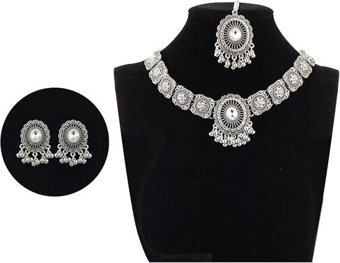 Indian Jewelry Sets for Women,Bollywood oxidized Choker Necklace,Forehead Jewelry,Dainty Wedding Jewelry Set,Maang Tikka Indian Jewelry Set,Traditional Bridal Temple Gifts for Women in Kuwait