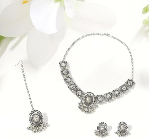 Indian Jewelry Sets for Women,Bollywood oxidized Choker Necklace,Forehead Jewelry,Dainty Wedding Jewelry Set,Maang Tikka Indian Jewelry Set,Traditional Bridal Temple Gifts for Women in Kuwait