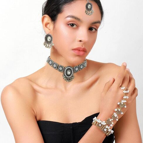 Indian Jewelry Sets for Women,Bollywood oxidized Choker Necklace,Forehead Jewelry,Dainty Wedding Jewelry Set,Maang Tikka Indian Jewelry Set,Traditional Bridal Temple Gifts for Women in Kuwait