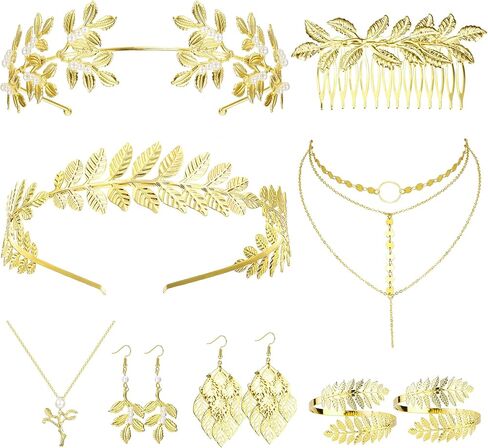 FINREZIO Greek Goddess Costume Accessories Jewelry Set For Women Leaf Arm Cuff Goddess Crown Headband Pearl Dangle Earring Necklace Hair Pin Belt Chain Adjustable Bridal Wedding Halloween in Saudi Arabia