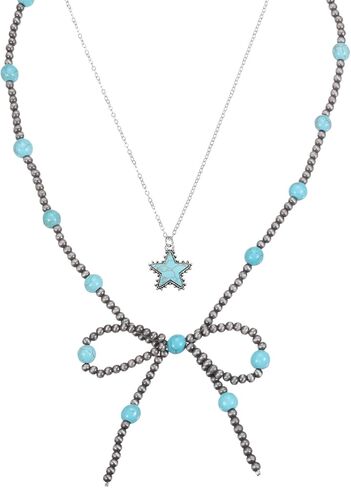 MECCANIXITY Stackable Turquoise Pearl Bow Necklace for Women with Turquoise Pendant for Western Boho Jewelry Accessories in Saudi Arabia