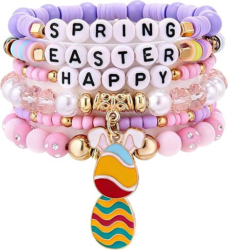 Easter Bracelet Clay Bead Heishi Surfer Bracelets Set for Women beaded Cute Friendship Stackable Stretch Bracelets Accessories Jewelry Gifts in Saudi Arabia