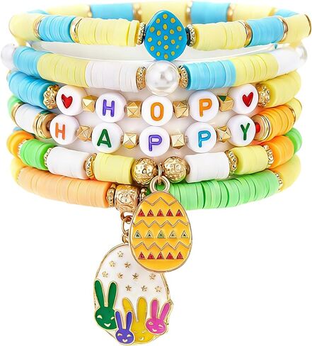 Easter Bracelet Clay Bead Heishi Surfer Bracelets Set for Women beaded Cute Friendship Stackable Stretch Bracelets Accessories Jewelry Gifts in Saudi Arabia