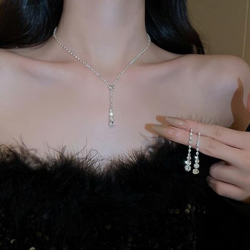 Sparkled Jewelry Set for Women Silver Rhinestone Necklace Teardrop Dangle Earrings for Bride Bridesmaid Crystal Bridal Prom Costume Jewelry Accessories for Wedding Party in Saudi Arabia