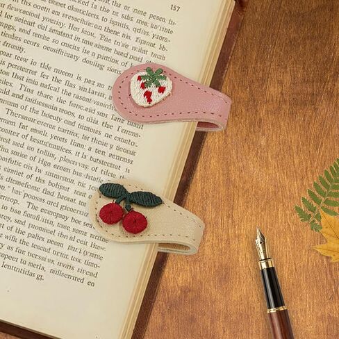 2Pcs Magnetic Leather Bookmark Set, Embroidery Magnetic Bookmarks Clips for Book Lovers Reading, Book Accessories(Pink Strawberry, White Cherry) in Kuwait