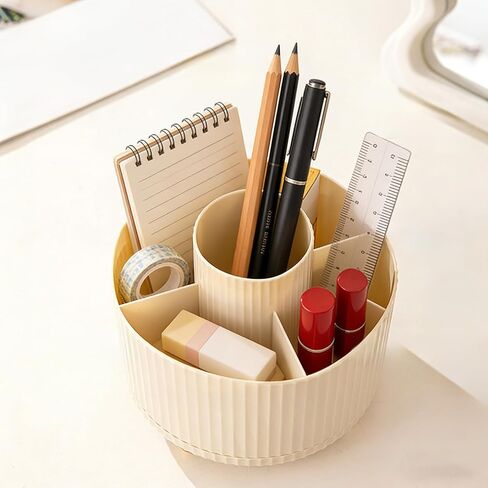 Desk Organizer, Plastic Pen Holder with 5, Dual-Purpose Pencil Cup for Office, School, Home, Cream in Saudi Arabia