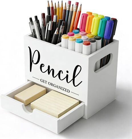 Pen Holder for Desk, Wood Pencil Organizer with Drawer, Marker Holder with 2 Compartments, Pencil Cup for Home, Office, Classroom, Teacher Supplies (White) in Kuwait