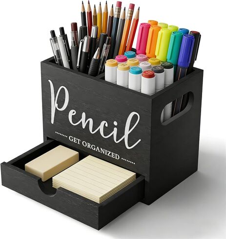 Pen Holder for Desk, Wood Pencil Organizer with Drawer, Marker Holder with 2 Compartments, Pencil Cup for Home, Office, Classroom, Teacher Supplies (White) in Saudi Arabia
