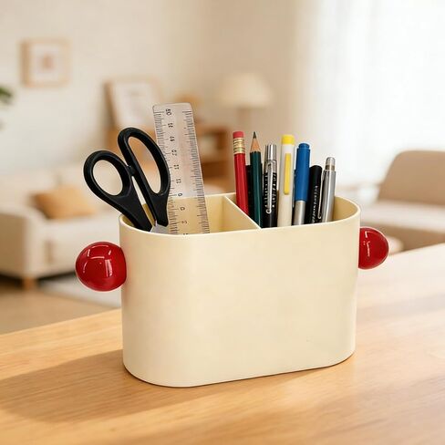 PS Material Desk Pencil Holder with 2 Compartments, Beige Multifunctional Pen Cup & Organizer for Office Desk, School, Home | Desktop Stationery Caddy for Pens, Pencils, Small Accessories (Beige) in Kuwait