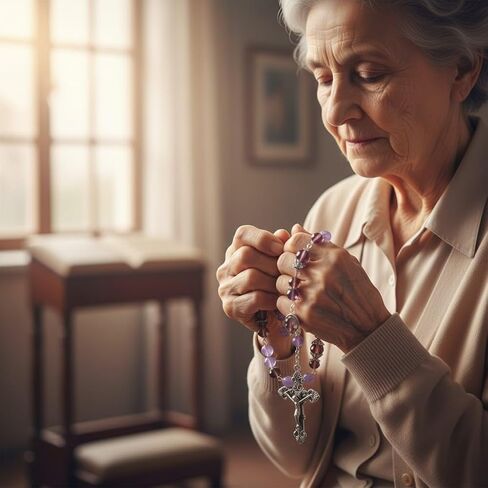 Gifts by Lulee, LLC Saint Rose of Lima Santa Rosa de Lima Lavender Rosary with Amethyst Pater Noster Capped Beads Silver Plated Bezel Centerpiece with Color Image and a Prayer Card English or Spanish in Saudi Arabia