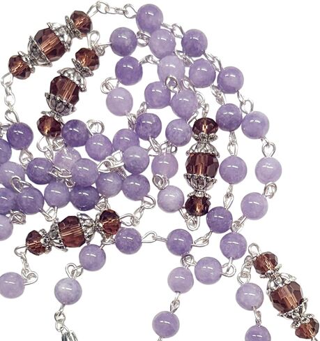 Gifts by Lulee, LLC Saint Rose of Lima Santa Rosa de Lima Lavender Rosary with Amethyst Pater Noster Capped Beads Silver Plated Bezel Centerpiece with Color Image and a Prayer Card English or Spanish in Saudi Arabia