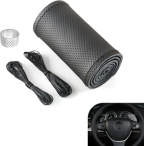 Genuine Leather Steering Wheel Cover, 15 Inch DIY Hand-Stitched Steering Wheel Cover, Breathable Non Slip Car Steering Wheel Protector Cover, Stitch On Wrap, Car Accessories (Red, Hole) in Kuwait