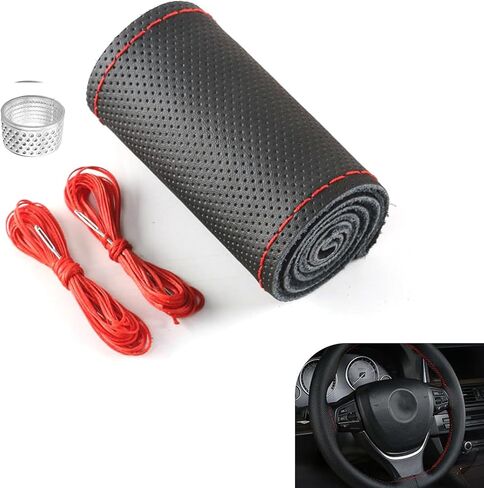 Genuine Leather Steering Wheel Cover, 15 Inch DIY Hand-Stitched Steering Wheel Cover, Breathable Non Slip Car Steering Wheel Protector Cover, Stitch On Wrap, Car Accessories (Red, Hole) in Saudi Arabia