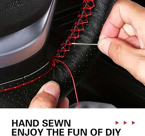 Genuine Leather Steering Wheel Cover, 15 Inch DIY Hand-Stitched Steering Wheel Cover, Breathable Non Slip Car Steering Wheel Protector Cover, Stitch On Wrap, Car Accessories (Red, Hole) in Saudi Arabia