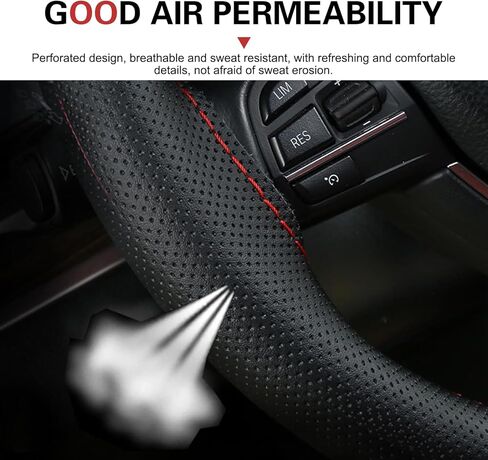 Genuine Leather Steering Wheel Cover, 15 Inch DIY Hand-Stitched Steering Wheel Cover, Breathable Non Slip Car Steering Wheel Protector Cover, Stitch On Wrap, Car Accessories (Red, Hole) in Saudi Arabia