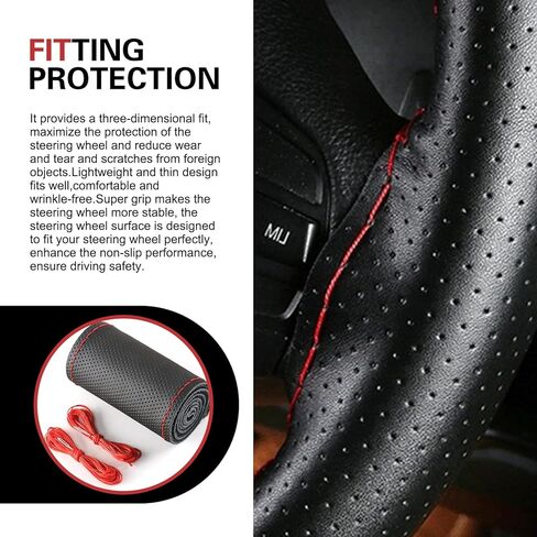 Genuine Leather Steering Wheel Cover, 15 Inch DIY Hand-Stitched Steering Wheel Cover, Breathable Non Slip Car Steering Wheel Protector Cover, Stitch On Wrap, Car Accessories (Red, Hole) in Saudi Arabia
