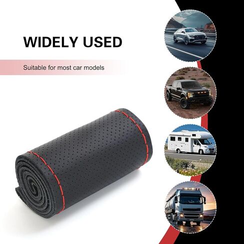 Genuine Leather Steering Wheel Cover, 15 Inch DIY Hand-Stitched Steering Wheel Cover, Breathable Non Slip Car Steering Wheel Protector Cover, Stitch On Wrap, Car Accessories (Red, Hole) in Saudi Arabia
