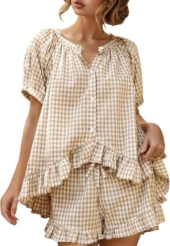 Wyeysyt Womens Gingham Pajamas Set 2 Piece Cotton Pj Sets Ruffle Babydoll Shirt and Plaid Shorts in Saudi Arabia