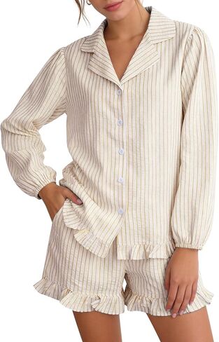 COZYPOIN Striped 2 Piece Pajamas for Womens Set Cute Seersucker Cotton Long Sleeve Button Shirt and Ruffle Shorts Lounge Set in Kuwait