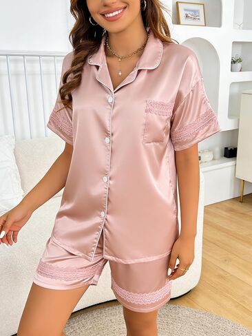 Women’s Satin-Feel Solid Color Short Sleeve Pajama Set, Button-Up Top & Shorts Two-Piece Loungewear in Saudi Arabia