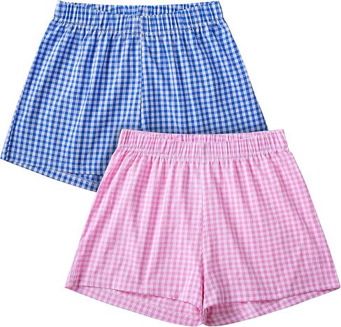 Womens 2-Pack Pajama Summer Shorts Gingham Boxer Shorts Casual Y2K Beach Bottoms Lounge Sleep Plaid Shorts in Saudi Arabia
