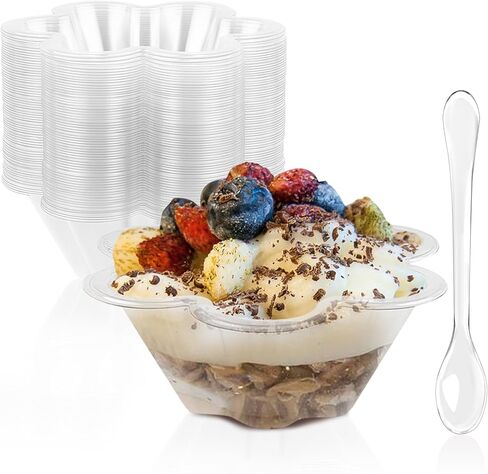 TOFLEN 8 oz Dessert Cups with Spoons, 50 Pack Clear Plastic Small Party Serving Bowls for Sundae, Parfait, Fruit, Strawberry Shortcake, Disposable Snack Bowls (Flower Shape) in Kuwait