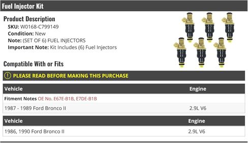 Fuel Injector Kit - 6 Piece - Compatible with 1986-1990 Ford Bronco II 2.9L V6 in Saudi Arabia