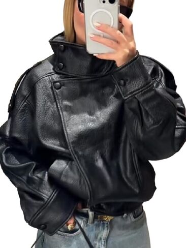 THLAI Black Jacket for Women Faux Leather Coat with Lychee Texture Stand-Up Collar & Long Sleeves Casual Outerwear in Kuwait