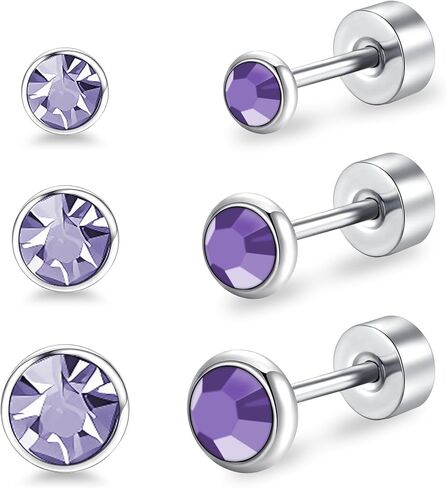 3 Pairs Ladies Flat Back Titanium Stud Earrings Crystal Decoration Anti-Allergy Transparent/Purple Available 3MM/4MM/5MM Safety Stud Set For Sensitive Ears in Kuwait